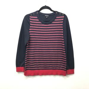 Talbots Button Shoulder Breton Stripe Sweater Womens M Nautical Preppy Coastal